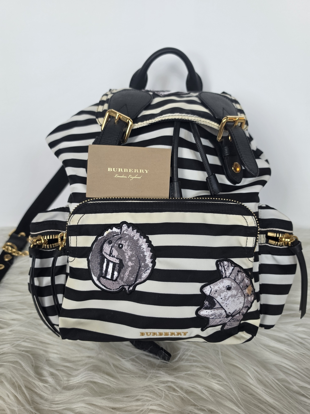 Burberry Black & White Striped Backpack with Embroidered Patches